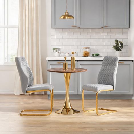 60 cm table ronde MDF noyer avec 2 chaises gris clair design (1/5)