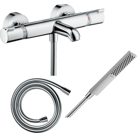 Pack mezclador termostático para baño-ducha HANSGROHE Ecostat Comfort + flexo Isiflex 160 cm + rociador HANSGROHE Pulsify E 100 EcoSmart cromado