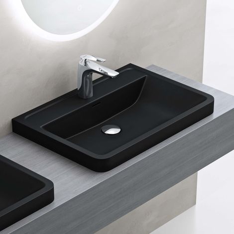 doporro Lavabo empotrado Baño Lavabo Rectangular Negro Mate Mármol Fundido con Recubrimiento de Nano 90x48x14,5 cm con Orificio para Grifo y Rebosadero Colossum08 (1/5)