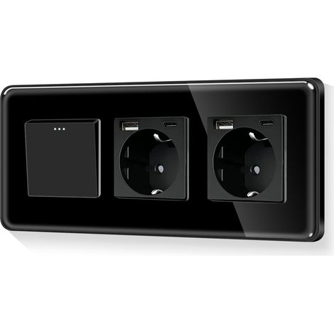 Interrupteur Schuko rond 1 voie avec double prise 20 W type C et combinaison USB Cadre en verre noir Encastré Cadre incurvé 100-240 V 228 mm neutre nécessaire (1/5)