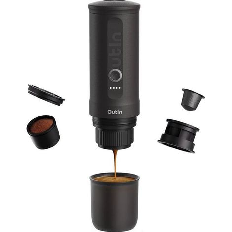 OutIn Nano Macchina da Caffè Espresso Elettrica Portatile - Grigio Siderale, Caffè Macinato e Capsule NS - Camping, Viaggio, Trekking