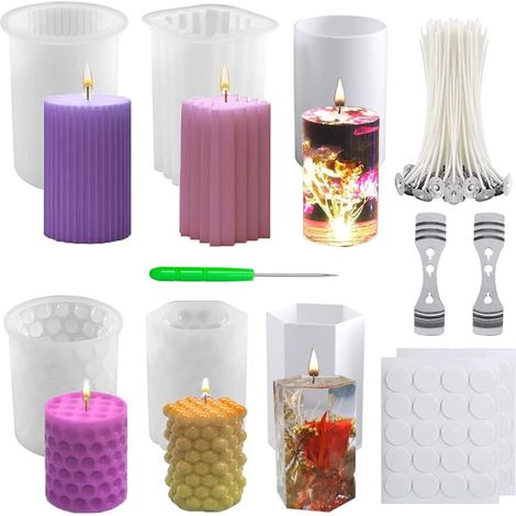 6Pcs moules à bougies en silicone, 3D DIY en silicone moules et mèches de bougies, moules en silicone cylindriques pour décoration de la maison, ornements, bougie parfumée, savon (1/5)