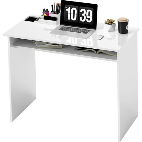 Minimalistischer, weiß lackierter Computertisch (90 x 50 x 74 cm) mit Ablage