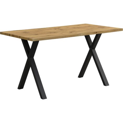 CAIziTable à manger rectangulaire au design à pieds croisés, table basse, table à manger moderne et simple en fer forgé, L140B80H76cm, chêne+noir [OLD SKU:N634P243368A]