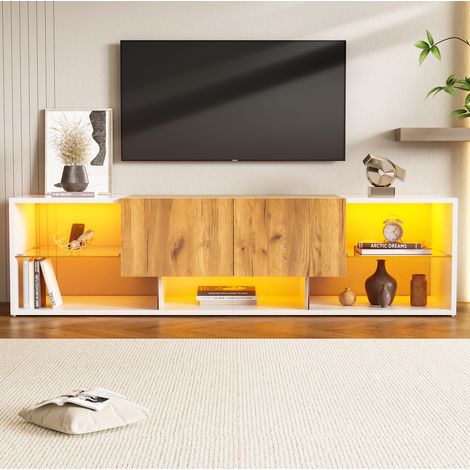 Meuble tv rangement LED 2 tiroirs 160 cm bois blanc OKMYHOME (1/5)
