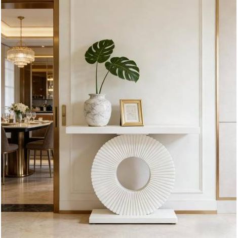 Tavolo consolle da ingresso bianco 100 x 30 x 79 cm in MDF e metallo, base geometrica (1/5)