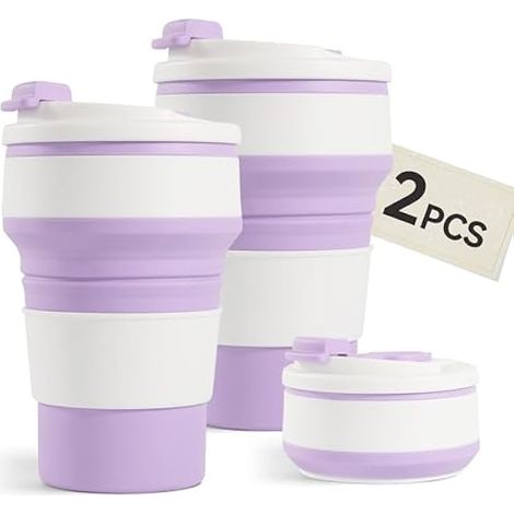 Tasse Pliable - En Silicone Alimentaire - 350 ml - Pour Voyage, Randonnée, Camping - Sans BPA - Fermoir Étanche - Violet - 2 Pièces (1/3)