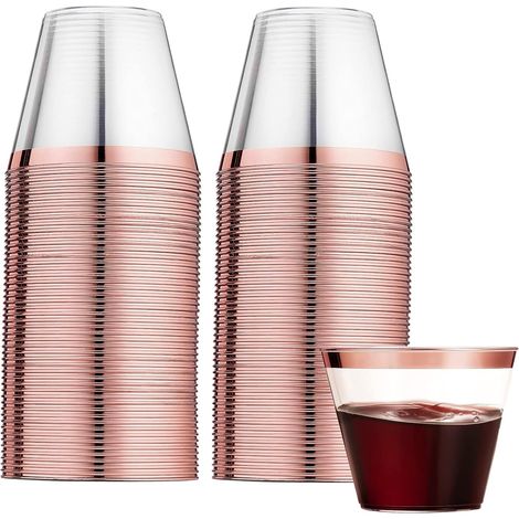 60 Gobelets, Bordure Or Rose, Plastique PS, 270ml, Réutilisables, Pour Fêtes Et Mariages (1/5)