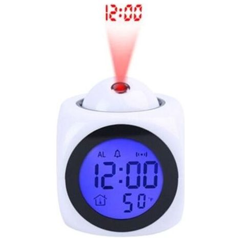 Projecteur d'horloge numérique de plafond, alimenté par piles, affichage LED rétroéclairé, réveil rotatif (blanc) (1/5)
