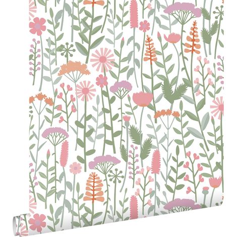 papier peint fleurs des champs vert, blanc et rose - ESTAhome (1/5)