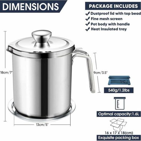 Pot Graisse - Acier Inoxydable 304 - 2 L - Pour Filtrage Et Stockage Huile Friture - Couvercle Etanche Et Passoire Amovible - 1 Pièce (1/4)