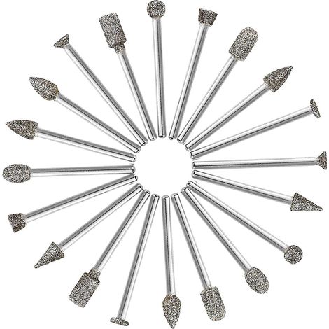 Fraises Diamant, 20Pcs Fraise Rotative Diamant, Foret/Tête/Pointe Diamantée, avec 3mm Tige pour Outil Rotatif Meulage, Polissage, Gravure de Bricolage