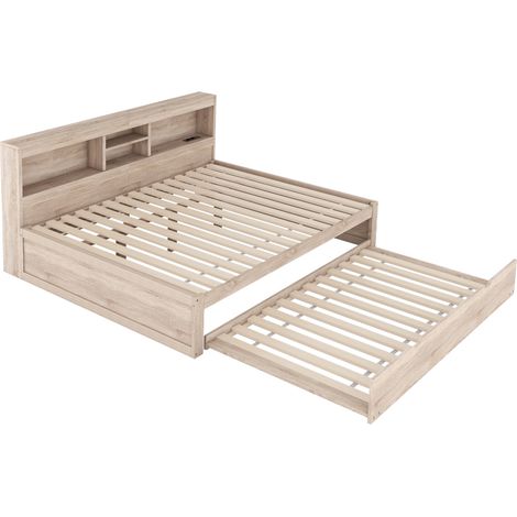 Cama nido 140 x 200 cm con LED, almacenaje lateral y puertos USB, natural (1/5)