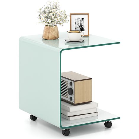 COSTWAY 2 Tier Coffee Table with Lockable Wheels Glass End Table for Living Room White (1/5)
