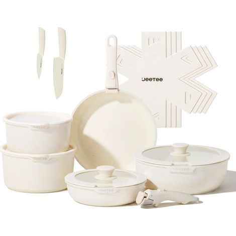 JEETEE Batterie de Cuisine Induction 17 Pièces avec Poignée Amovible, Lot Casserole et Poêle Induction Antiadhésive Sans PFOA/PFOS, Casseroles, Poêles et Faitouts Tout Feux, Four, Beige (1/5)