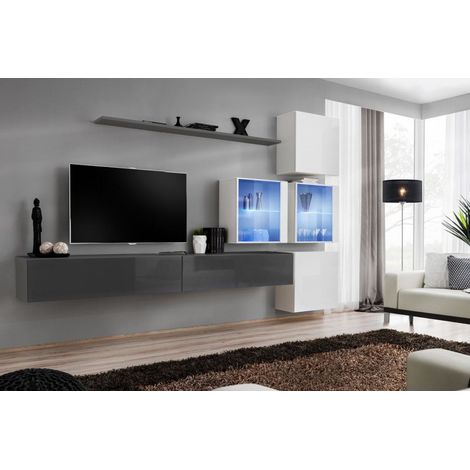Ensemble mural - Switch XIX - 4 vitrines - 2 bancs TV - 1 étagère - Blanc et graphite - Modèle 2 - Livraison gratuite