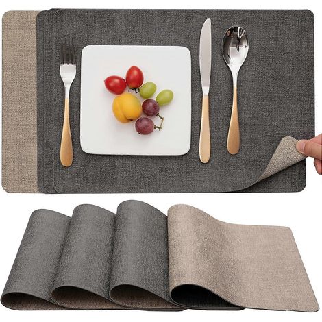 Sets de table lavables double face en cuir bicolore, sets de table antidérapants faciles à nettoyer, lot de 4 (gris/marron) (1/5)