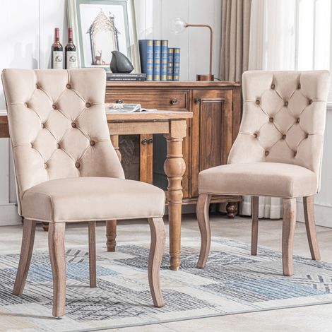 2er-Set Samtstühle – Hohe Rückenlehne – Hochelastischer Schaumstoff – Beine aus Massivholz – Knopfpolsterung – Esszimmerstühle – Eleganter Stil – Beige