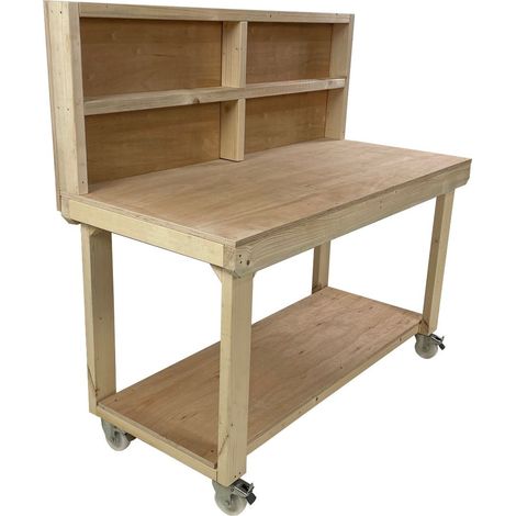 Wooden Eucalyptus PLY Top Workbench, 6ft (180cm) With back panel and wheels