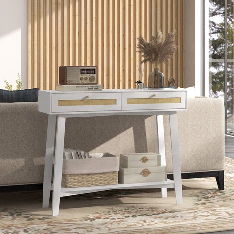 Konsolentisch, Flurtisch mit 2 Schubladen, Rattan-Design und offenem Regal für den Flur, 100 x 30 x 81 cm, Weiß