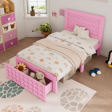 Cama juvenil con almacenaje y cajón rosa madera OKMYHOME (1/5)