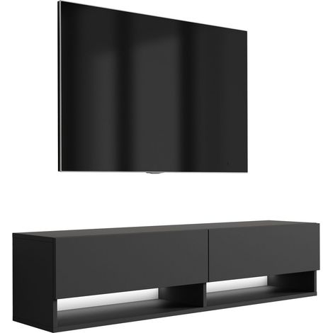 Meuble TV : Noir Mat, LED blanc, 140 × 32 × 34 cm (1/5)