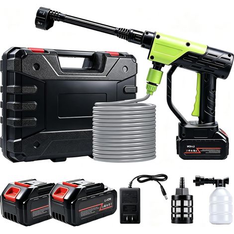 Nettoyeur haute pression sans fil portable 6 en 1 avec 2 batteries 21 V pour terrasse et voiture, tuyau d'eau sans fil de 5 m pour nettoyage du sol/jardin (vert) (1/5)