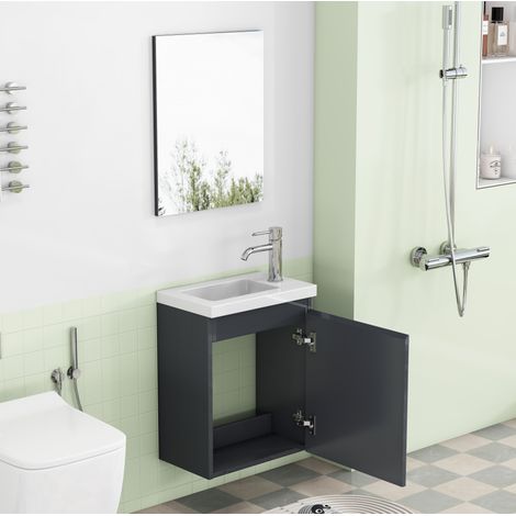 Mueble de baño mural gris brillante de 40 cm con lavabo de cerámica y espejo (1/5)