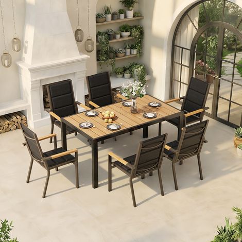 Devoko – Ensemble table et chaise de jardin 6 personnes – 150 cm table en aluminium – 6 chaises empilables – Couleur teck (1/5)