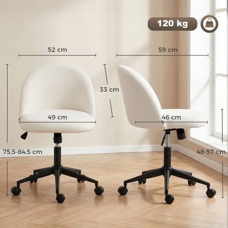Chaise de bureau pivotante teddy fleece, hauteur réglable avec roulettes, mousse confort moelleuse, pour bureau chambre coiffeuse, crème (1/5)