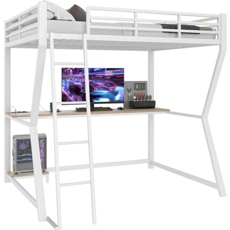 Lit mezzanine 140 x 200 cm avec éclairage LED, tablette pour ordinateur, bureau, prise + USB, garde-corps, escalier, sans matelas, blanc (1/5)