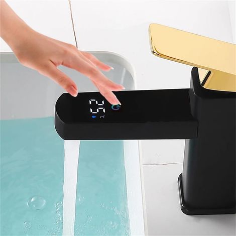 Robinet de salle de bain LED noir avec affichage de la température, mitigeur eau chaude/eau froide G3/8 (1/5)