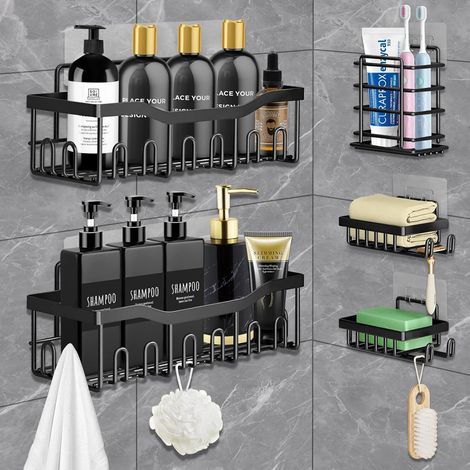 Lot de 5 étagères douche inox avec crochets et porte-dentifrice (1/2)