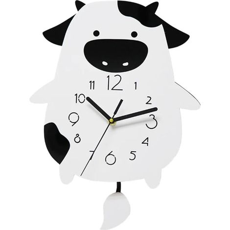 Orologio da parete a forma di mucca con pendolo oscillante – Decorazione originale per bambini in plastica resistente, 30 cm, bianco e rosa