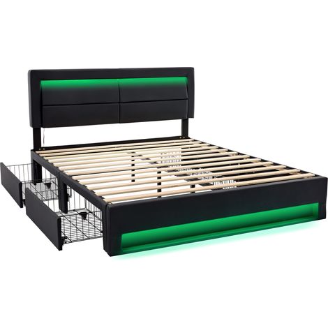 Letto capitonné 140 x 200 cm con USB, LED e 4 cassetti, PU nero, senza materasso (1/5)