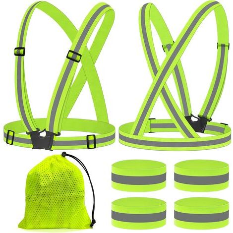 2 Pièces Gilet de Sécurité vélo +4 Pièces Bracelets de Sécurité, Harnais de Reflechissant Réglable Gilet Fluorescent Unisexe pour La Course, Le Vélo, La Moto (1/5)
