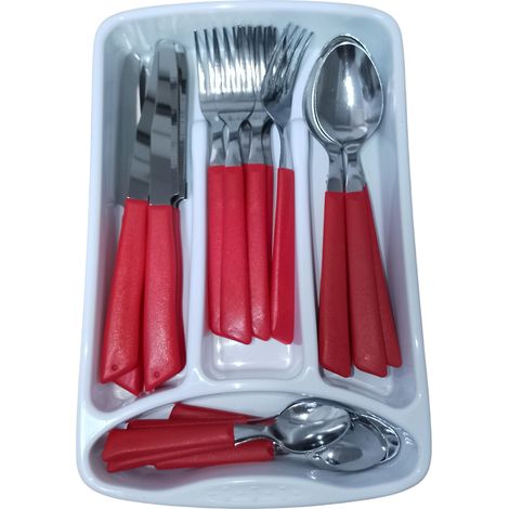 Servizio di Posate completo 24 Pezzi per tavola di 6 persone manico rosso in Acciaio Inossidabile Lavabili in Lavastoviglie Made in Italy in omaggio il Porta Posate da Cassetto