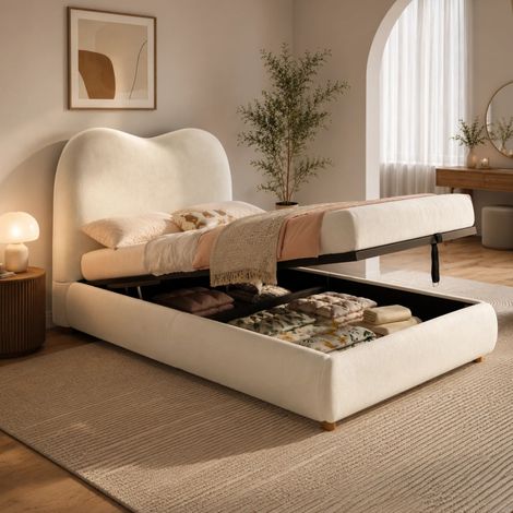Cama infantil 90x200 cm beige de terciopelo con almacenamiento hidráulico (1/5)