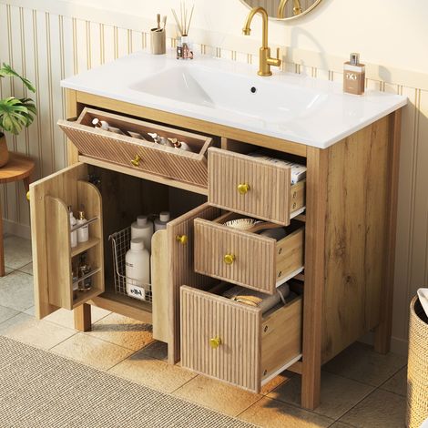 Mueble de baño con lavabo cerámico de pie 91 cm, 4 cajones, MDF, madera natural REDOM (1/5)