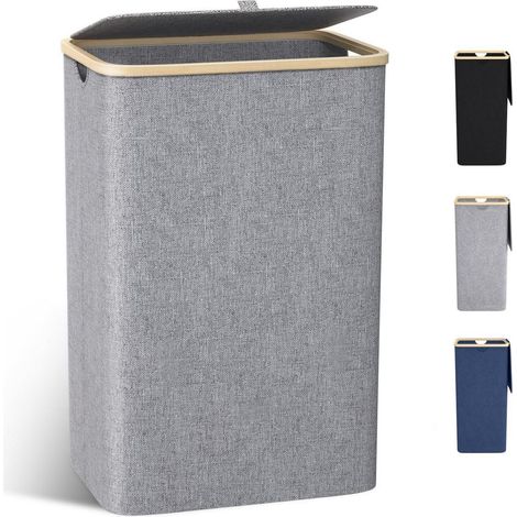 Schmaler Wäschekorb 100L mit Bambusdeckel und herausnehmbarem Wäschesack (1/5)