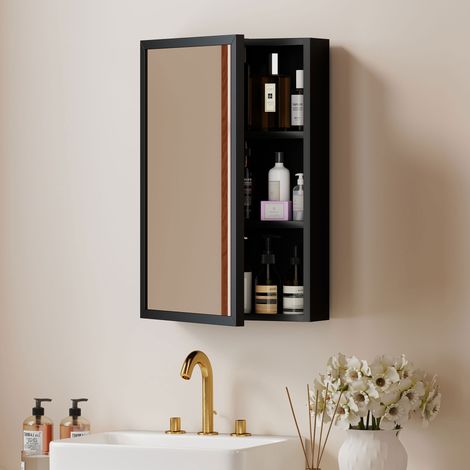 Armoire miroir de salle de bain murale, 1 porte 2 étagères en acier, 40x12x60cm, noir