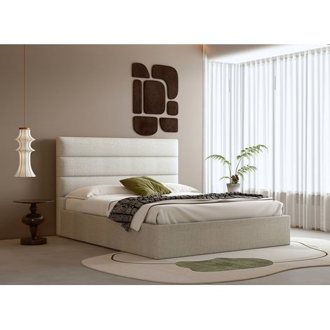 Deco In Paris – Lit coffre en tissu lin beige 180x200 cm – Sommier à lattes en bois arqué – Système de vérins à gaz pour rangement facile
