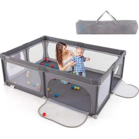 COSTWAY Parque Infantil Bebe, Corralito para Bebés, Valla de Corral para Niños con Malla Transpirable, Bolsa de Almacenamiento Portátil y 50 Bolas Oceánicas, Puerta con Cremallera, 206×147×68,5 cm (1/5)