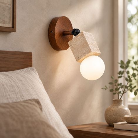 Stehlampe im Wabi-Sabi-Stil aus gelbem Stein, Walnuss-Finish, 180° schwenkbarer Kopf für individuelle Beleuchtung (Leuchtmittel nicht enthalten). (1/4)