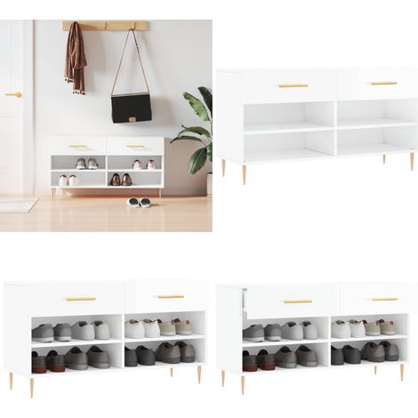 Banc à chaussures blanc brillant 102x35x55 cm bois d'ingénierie - Meuble Range Chaussure - Banc Chaussure - Rangement Chaussures - Meuble Entrée - Rangement Maison - Home & Living