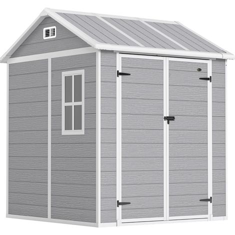 Caseta de jardín de plástico gris con ventana y puerta con cierre 181 x 181 x 220 cm (1/5)