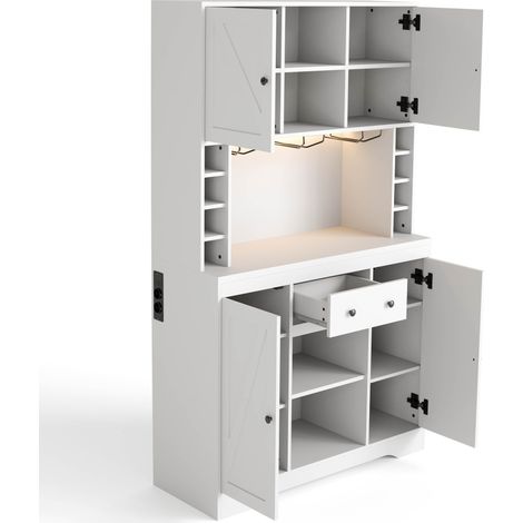 Aparador alto de cocina blanco con botellero, LED, enchufes, cajón y estantes regulables (1/5)