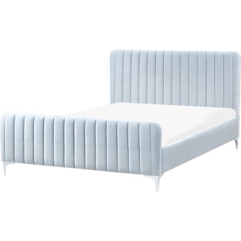 Cama con somier de terciopelo con cabecero acolchado 140 x 200 cm patas de metal azul claro Lunan (1/5)