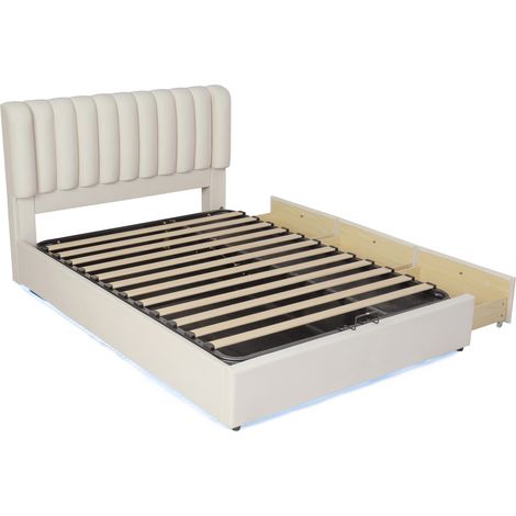 Lit coffre enfant 140x200 cm en velours beige, 3 tiroirs, LED, relevable hydraulique (1/5)