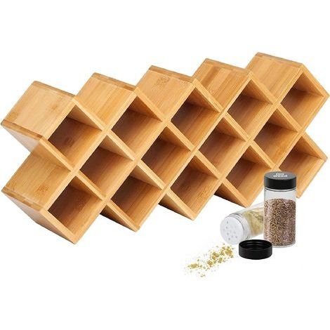 Bamboo spice rack - Holds 18 stainless steel glasses - For sprinkling herbs and spices - For cupboard, kitchen, pantry (glasses not included) (1/5)